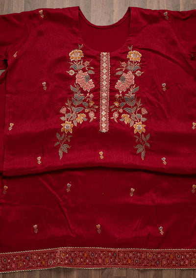 Maroon Stonework Raw Silk Unstitched Salwar Suit-Koskii