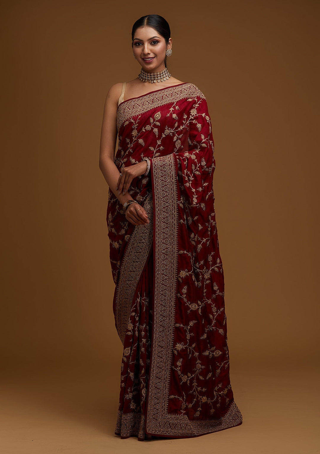 Maroon Stonework Raw Silk Designer Saree - Koskii