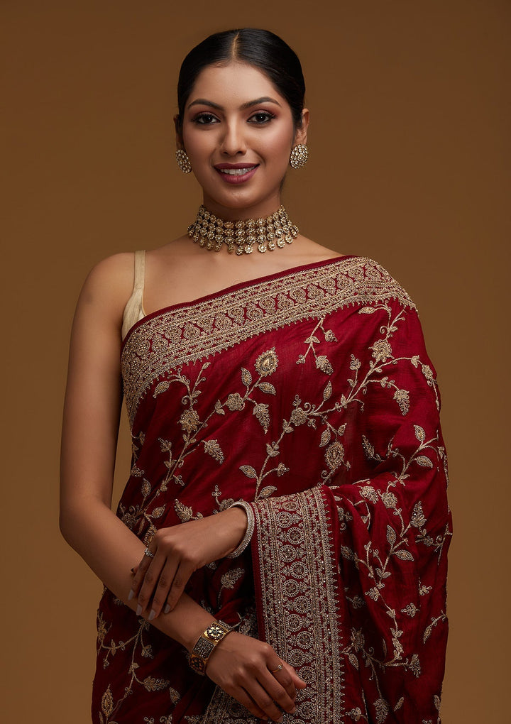 Maroon Stonework Raw Silk Designer Saree - Koskii