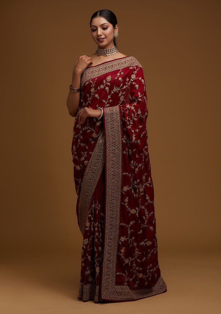 Maroon Stonework Raw Silk Designer Saree - Koskii
