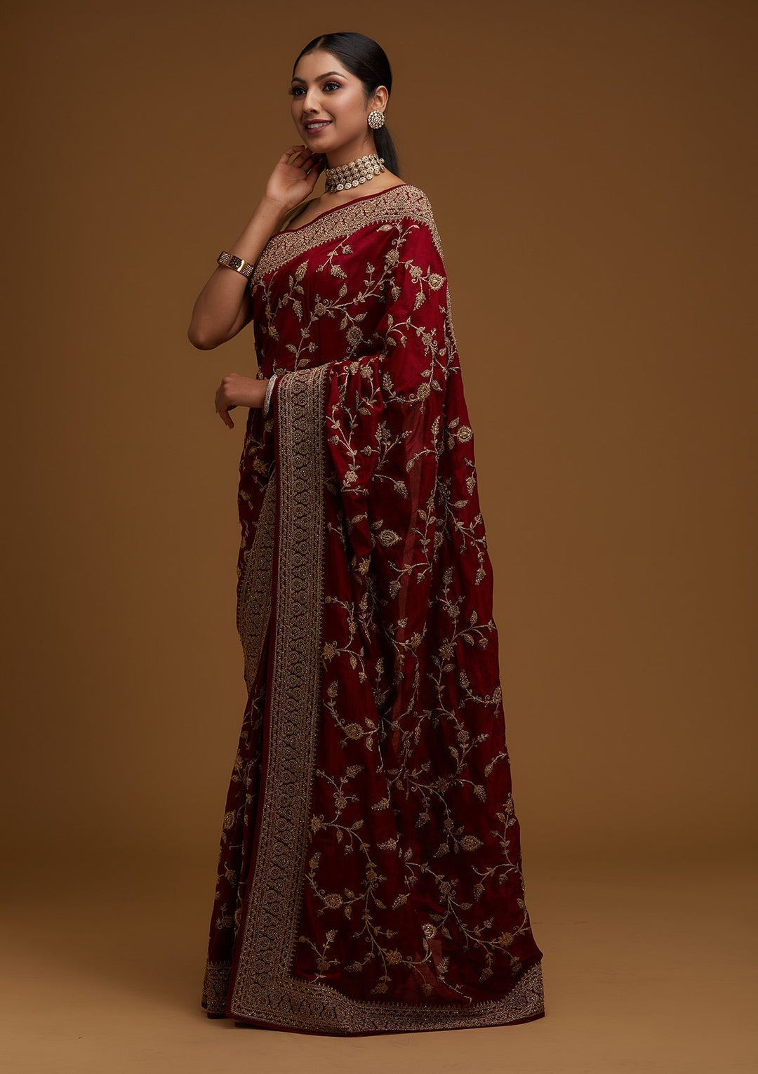 Maroon Stonework Raw Silk Designer Saree - Koskii