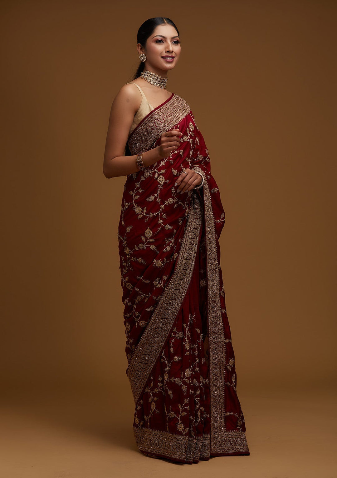 Maroon Stonework Raw Silk Designer Saree - Koskii