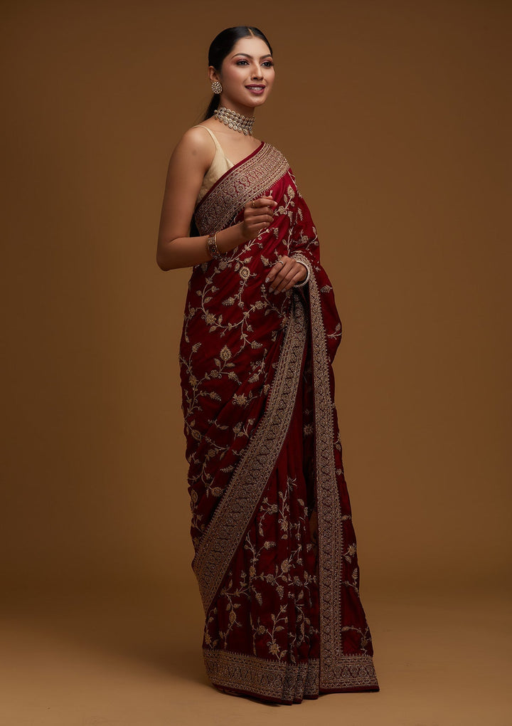 Maroon Stonework Raw Silk Designer Saree - Koskii