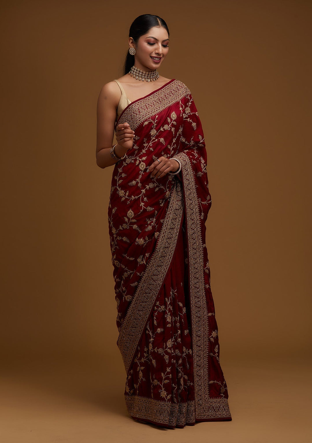 Maroon Stonework Raw Silk Designer Saree - Koskii