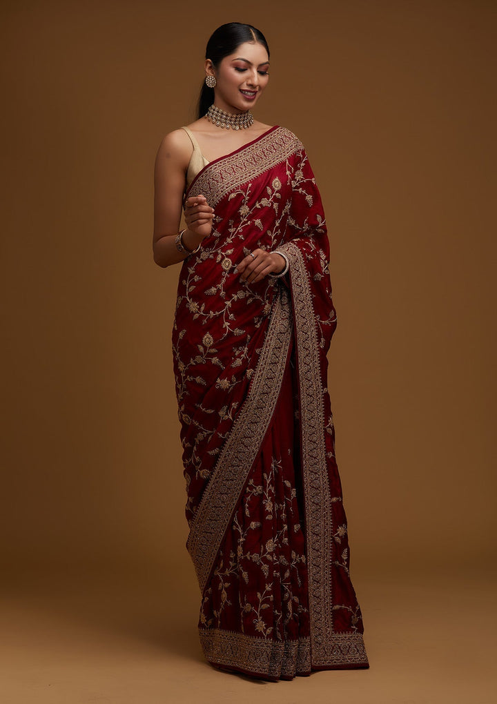 Maroon Stonework Raw Silk Designer Saree - Koskii