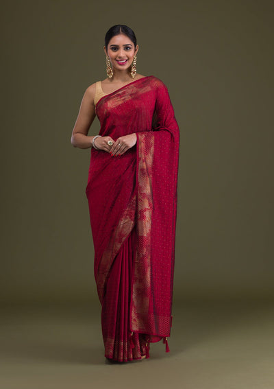 Maroon Stonework Raw Silk Saree-Koskii