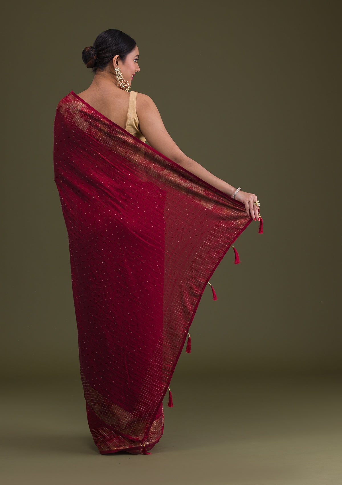 Maroon Stonework Raw Silk Saree-Koskii