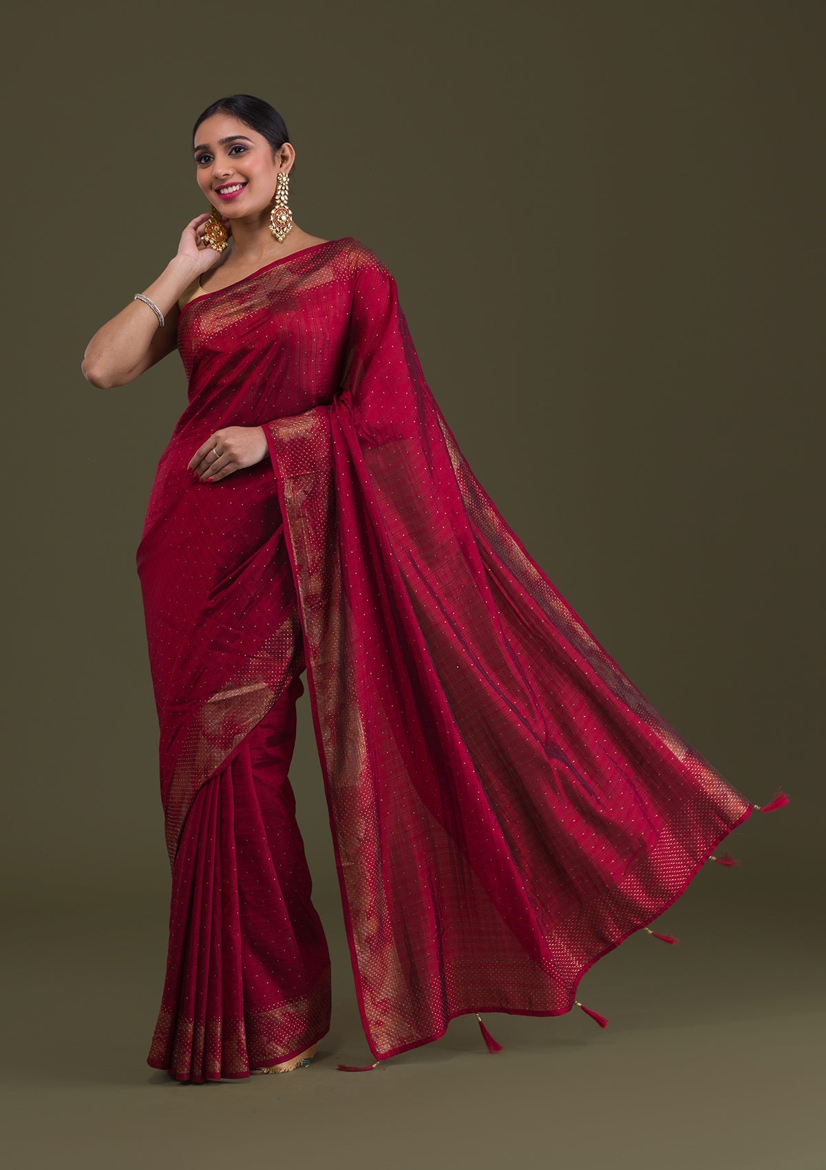 Maroon Stonework Raw Silk Saree-Koskii