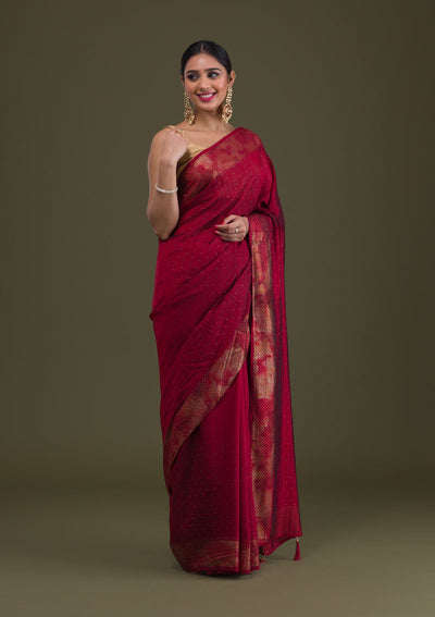 Maroon Stonework Raw Silk Saree-Koskii