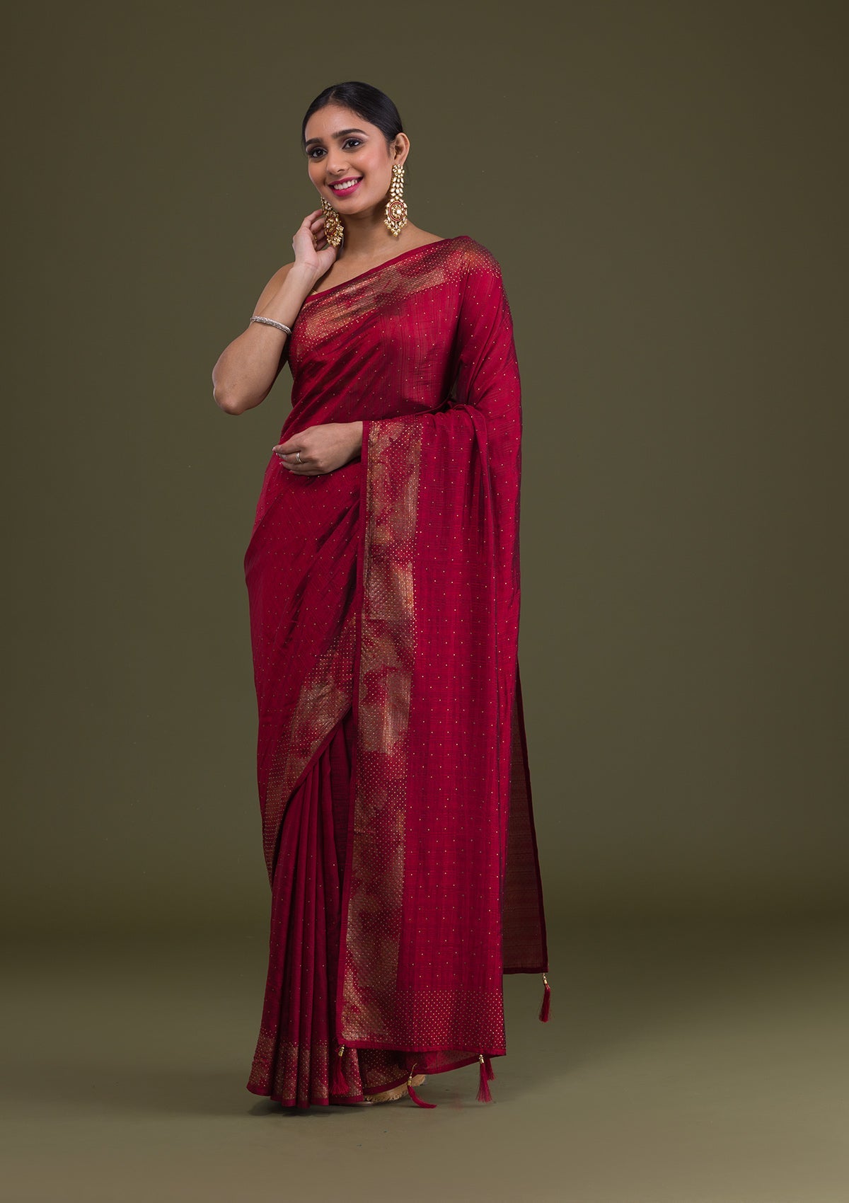 Maroon Stonework Raw Silk Saree-Koskii