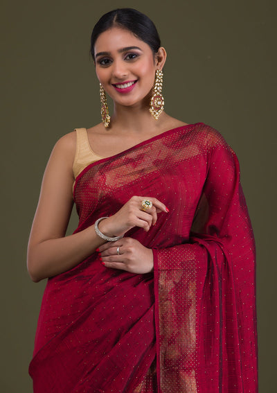 Maroon Stonework Raw Silk Saree-Koskii