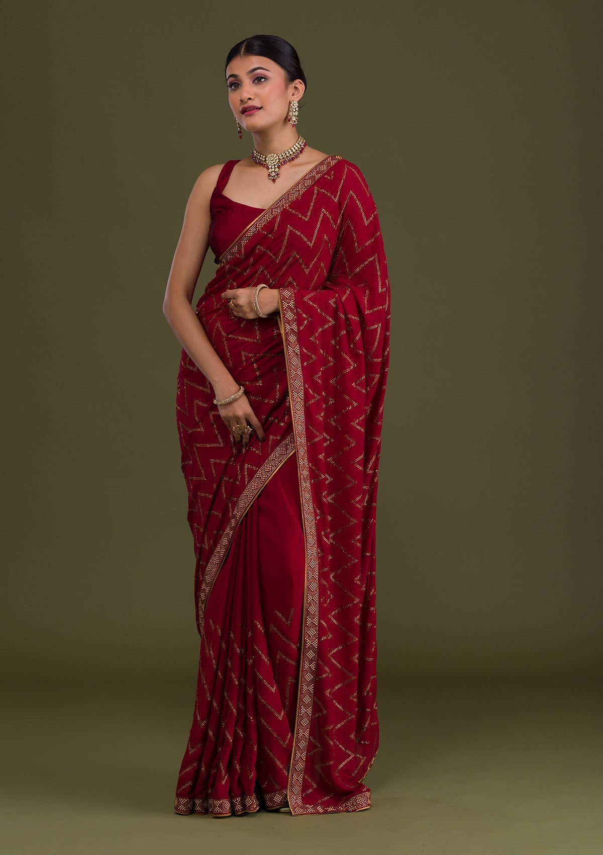 Maroon Stonework Semi Crepe Unstitched Saree-Koskii