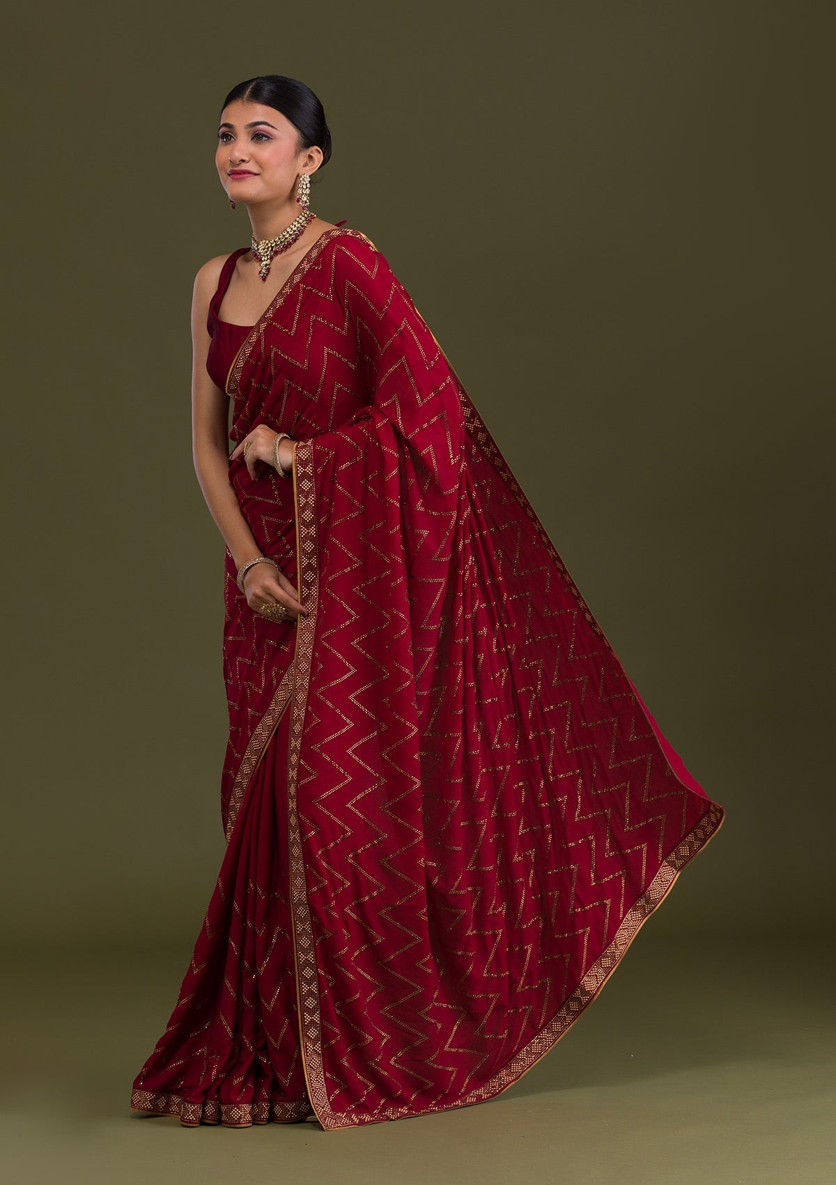 Maroon Stonework Semi Crepe Unstitched Saree-Koskii