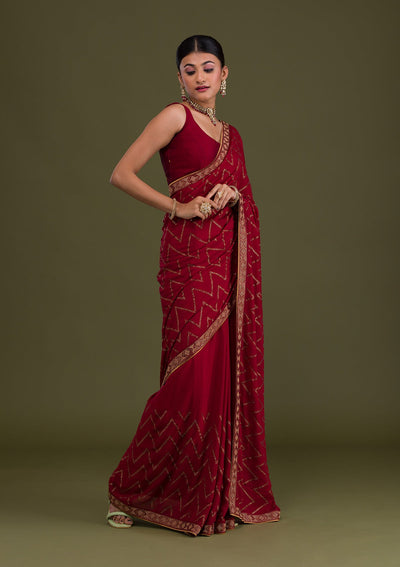 Maroon Stonework Semi Crepe Unstitched Saree-Koskii