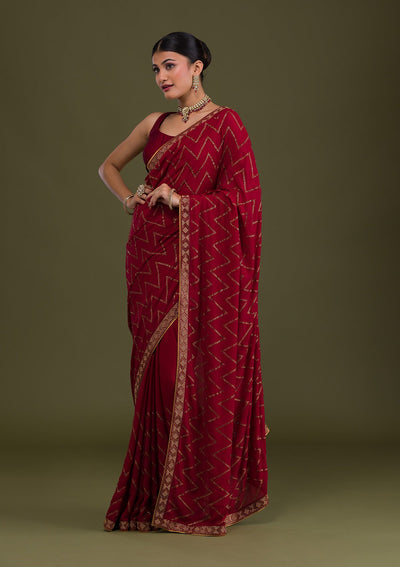 Maroon Stonework Semi Crepe Unstitched Saree-Koskii