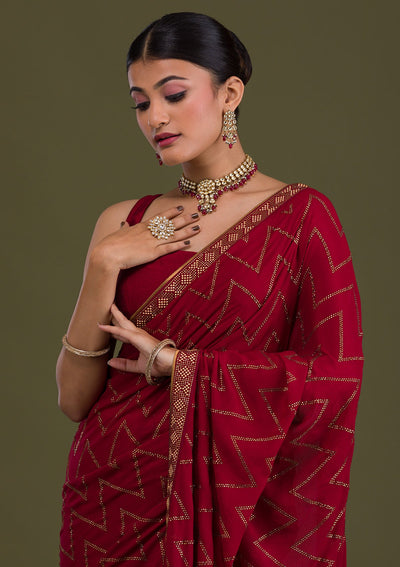 Maroon Stonework Semi Crepe Unstitched Saree-Koskii