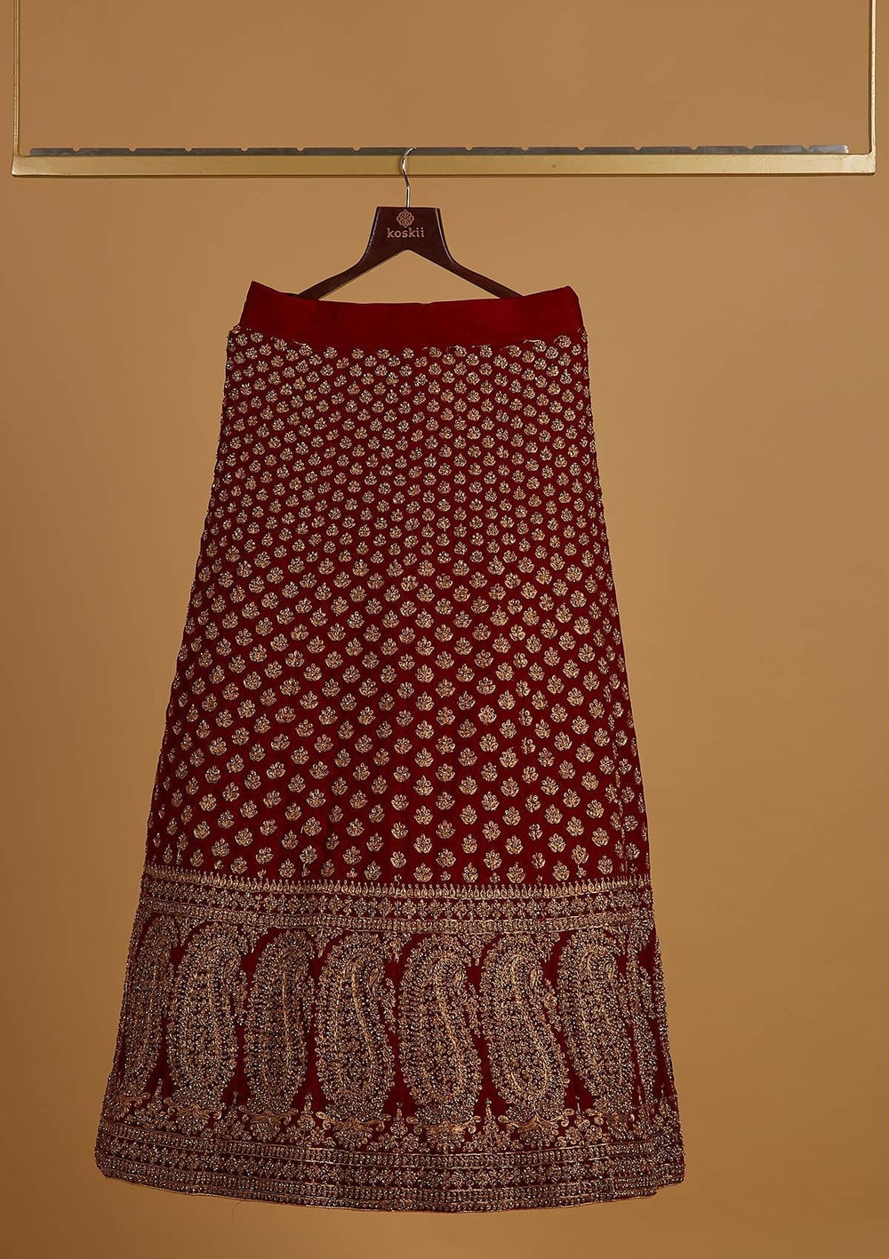 Maroon Stonework Velvet Designer Semi-Stitched Lehenga - koskii