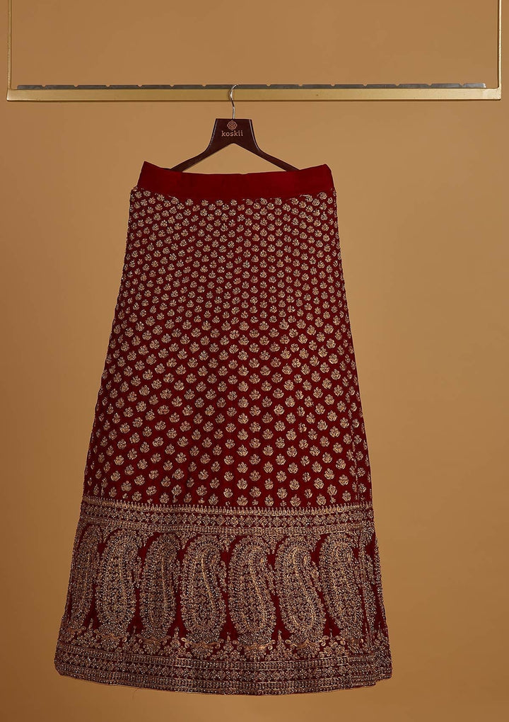 Maroon Stonework Velvet Designer Semi-Stitched Lehenga - koskii