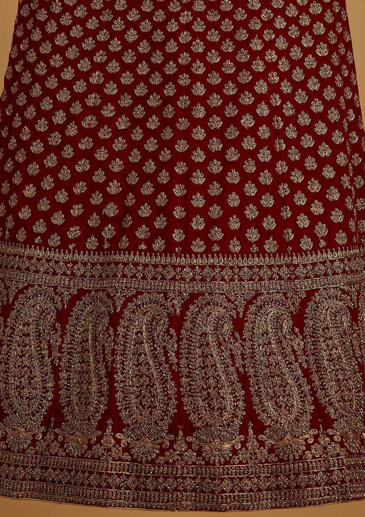 Maroon Stonework Velvet Designer Semi-Stitched Lehenga - koskii