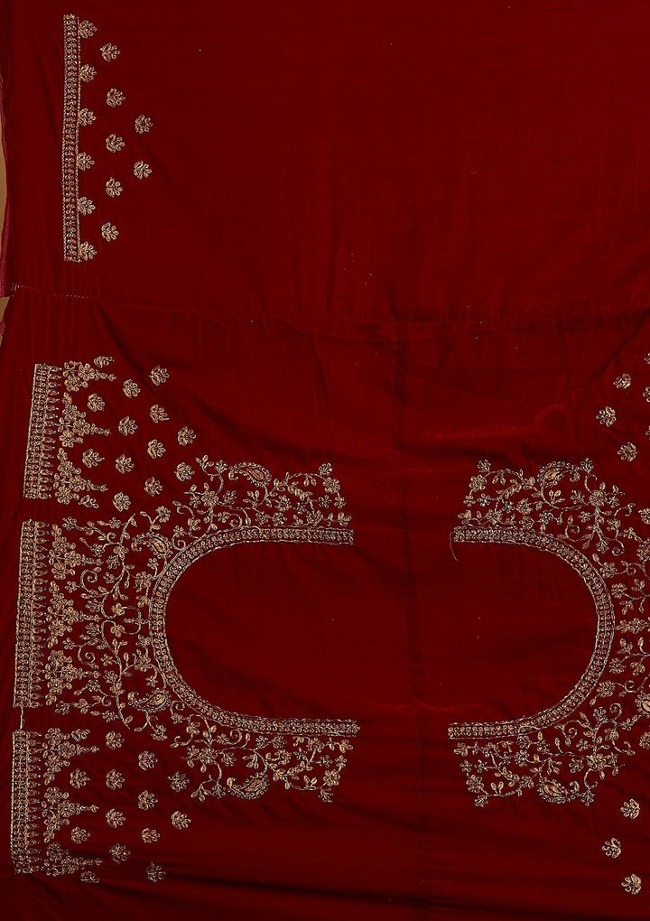 Maroon Stonework Velvet Designer Semi-Stitched Lehenga - koskii