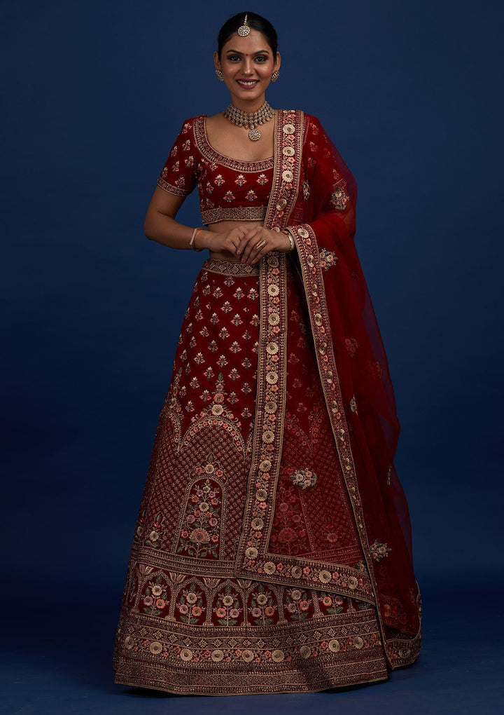Maroon Stonework Velvet Designer Semi-Stitched Lehenga - Koskii