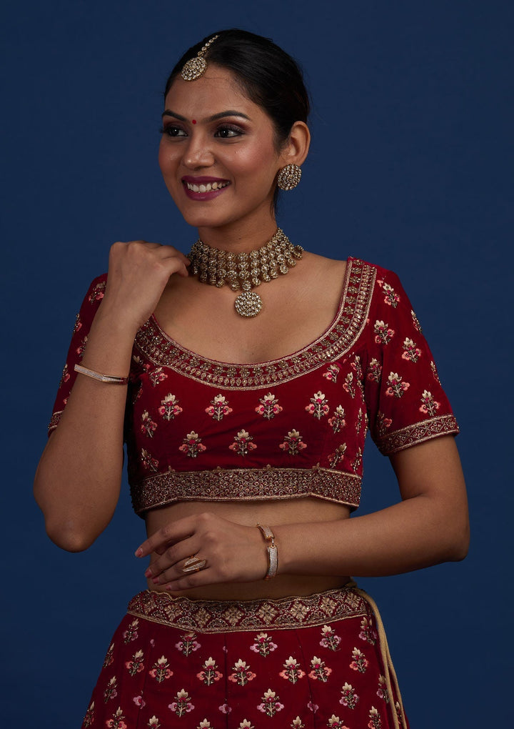 Maroon Stonework Velvet Designer Semi-Stitched Lehenga - Koskii