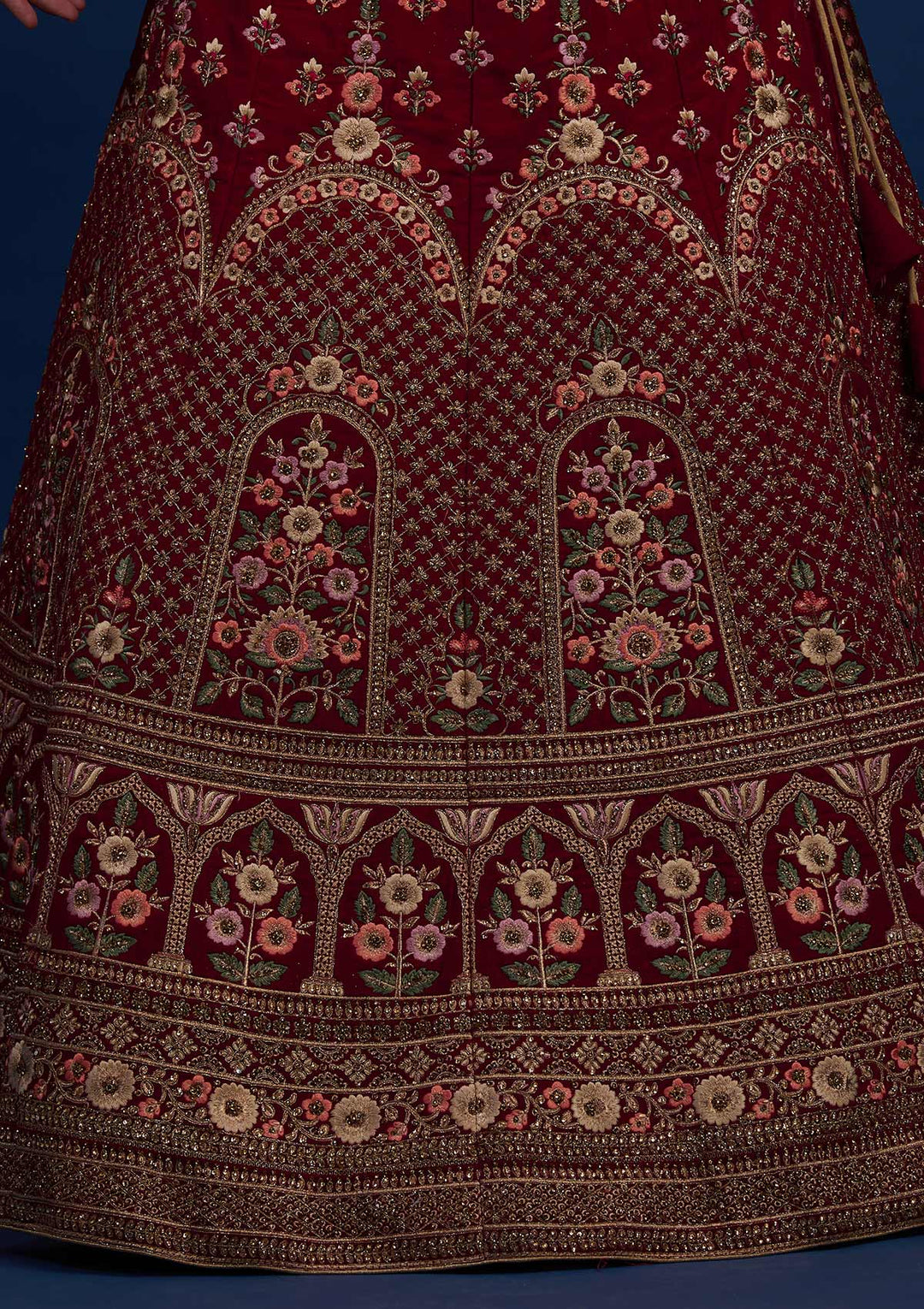 Maroon Stonework Velvet Designer Semi-Stitched Lehenga - Koskii