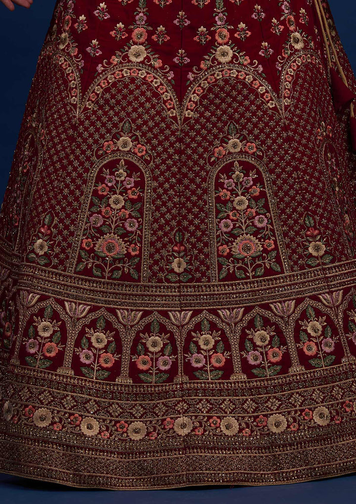 Maroon Stonework Velvet Designer Semi-Stitched Lehenga - Koskii