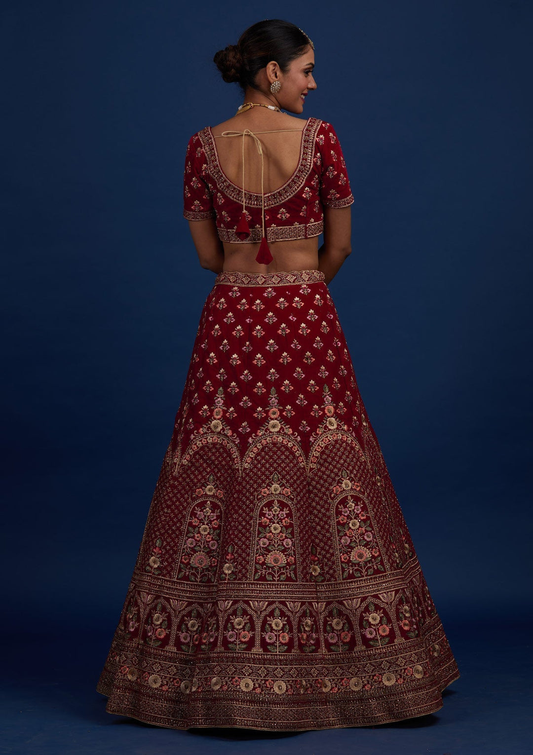 Maroon Stonework Velvet Designer Semi-Stitched Lehenga - Koskii