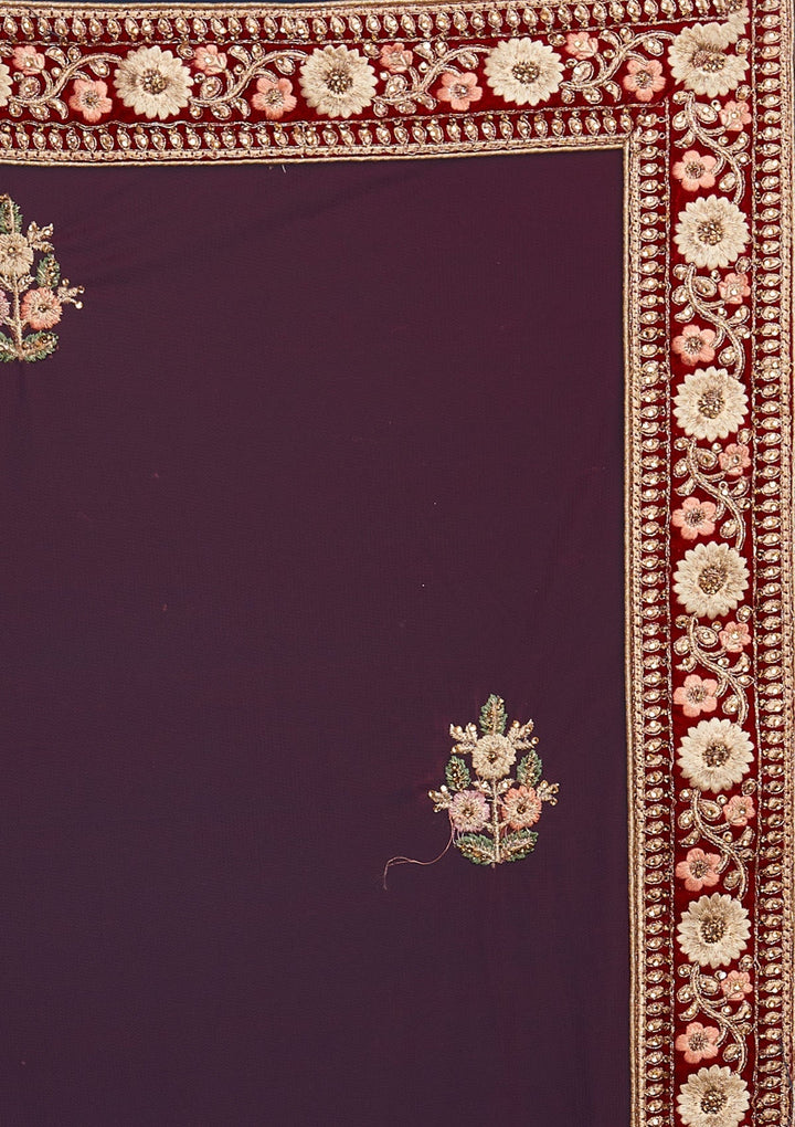 Maroon Stonework Velvet Designer Semi-Stitched Lehenga - Koskii