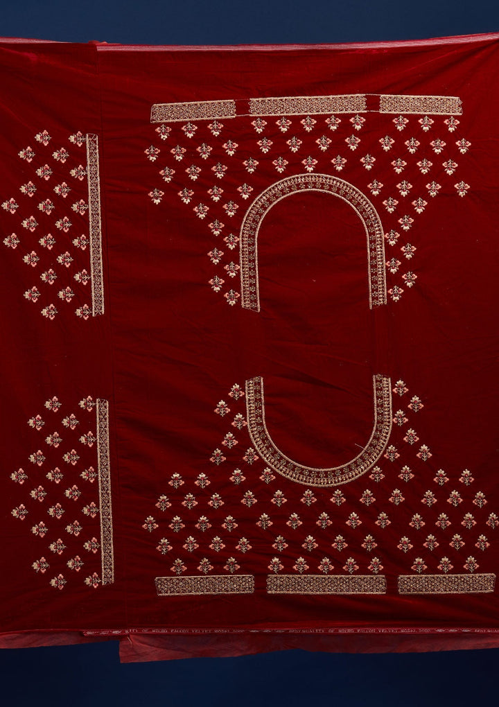 Maroon Stonework Velvet Designer Semi-Stitched Lehenga - Koskii