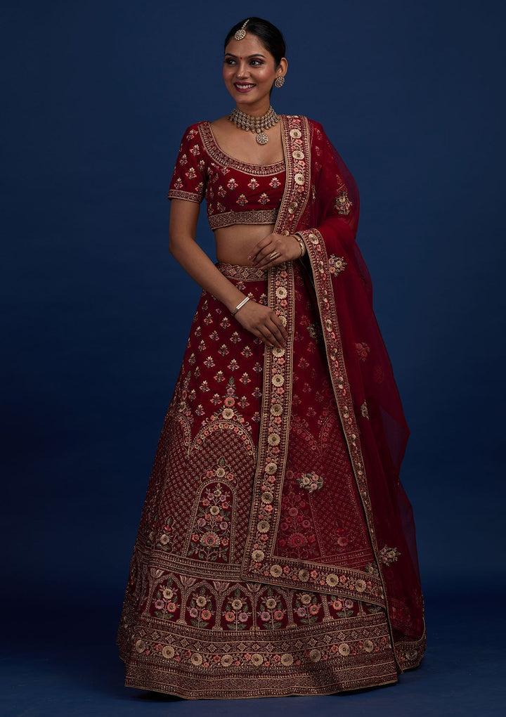 Maroon Stonework Velvet Designer Semi-Stitched Lehenga - Koskii