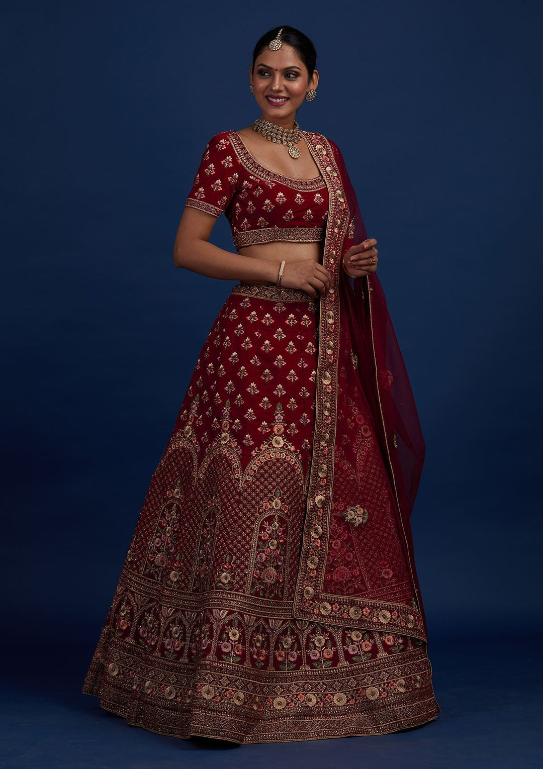Maroon Stonework Velvet Designer Semi-Stitched Lehenga - Koskii
