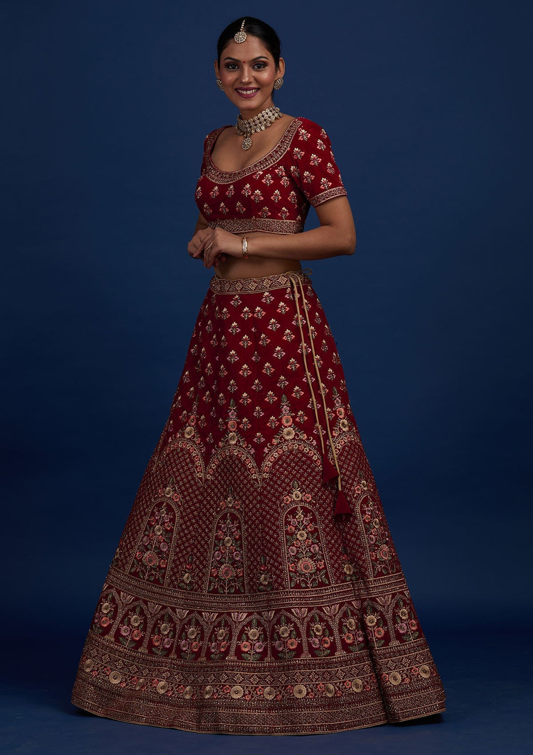 Maroon Stonework Velvet Designer Semi-Stitched Lehenga - Koskii