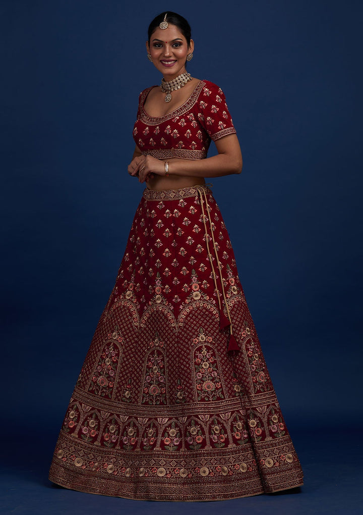 Maroon Stonework Velvet Designer Semi-Stitched Lehenga - Koskii