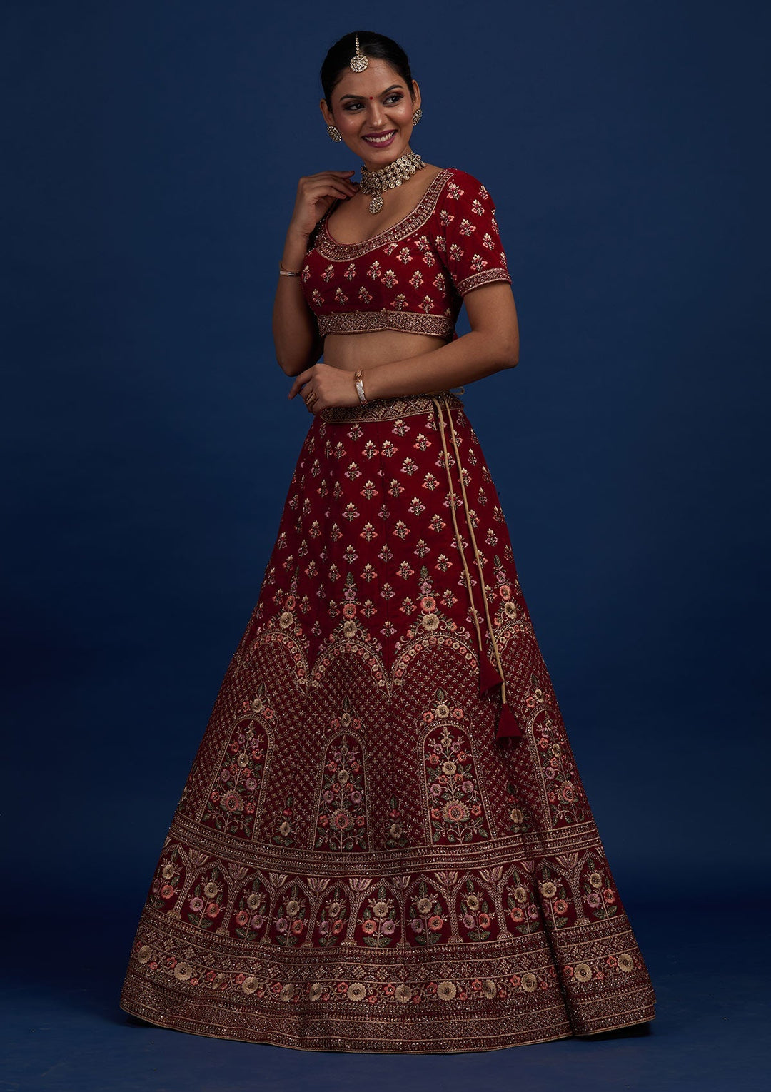 Maroon Stonework Velvet Designer Semi-Stitched Lehenga - Koskii