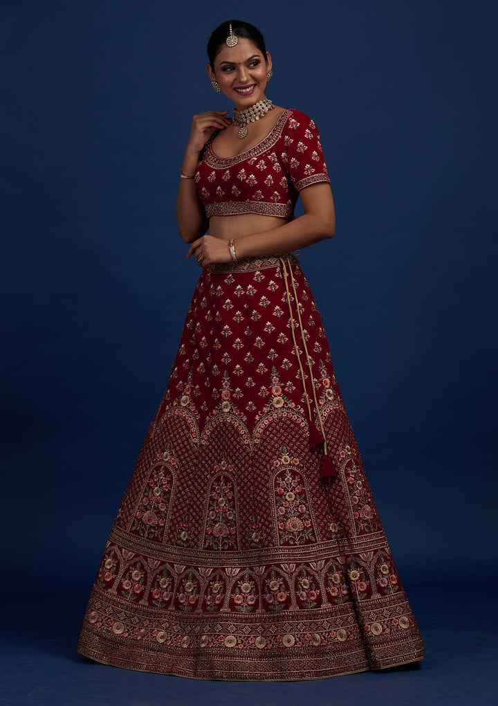 Maroon Stonework Velvet Designer Semi-Stitched Lehenga - Koskii