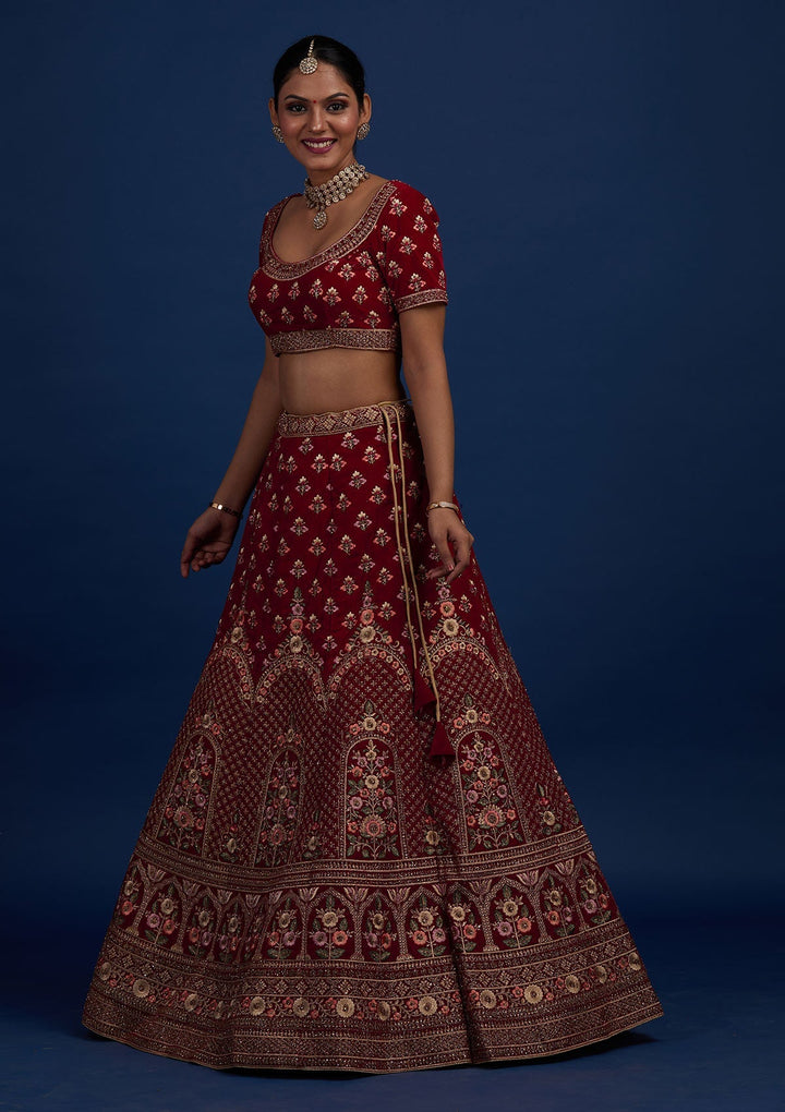 Maroon Stonework Velvet Designer Semi-Stitched Lehenga - Koskii