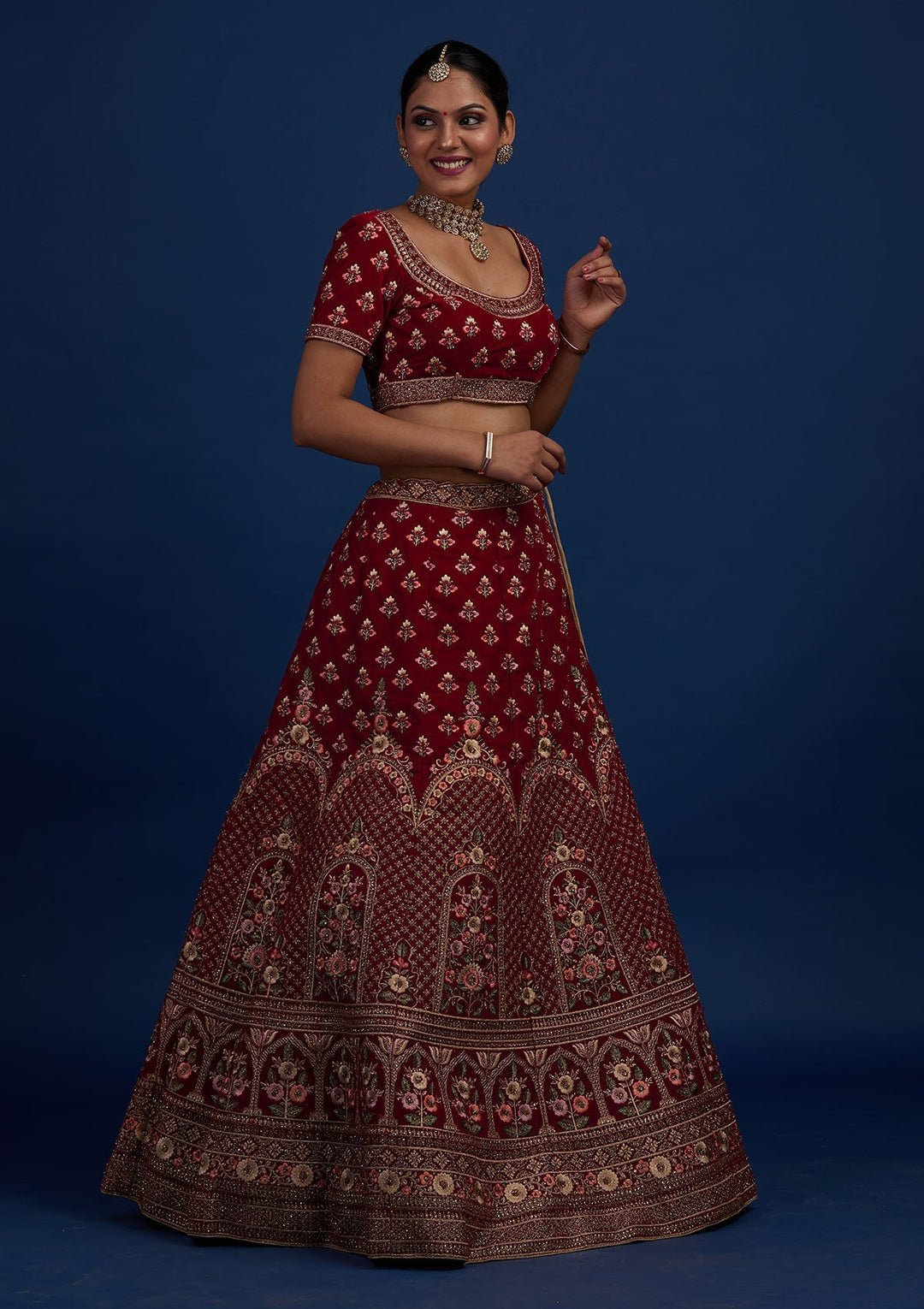 Maroon Stonework Velvet Designer Semi-Stitched Lehenga - Koskii
