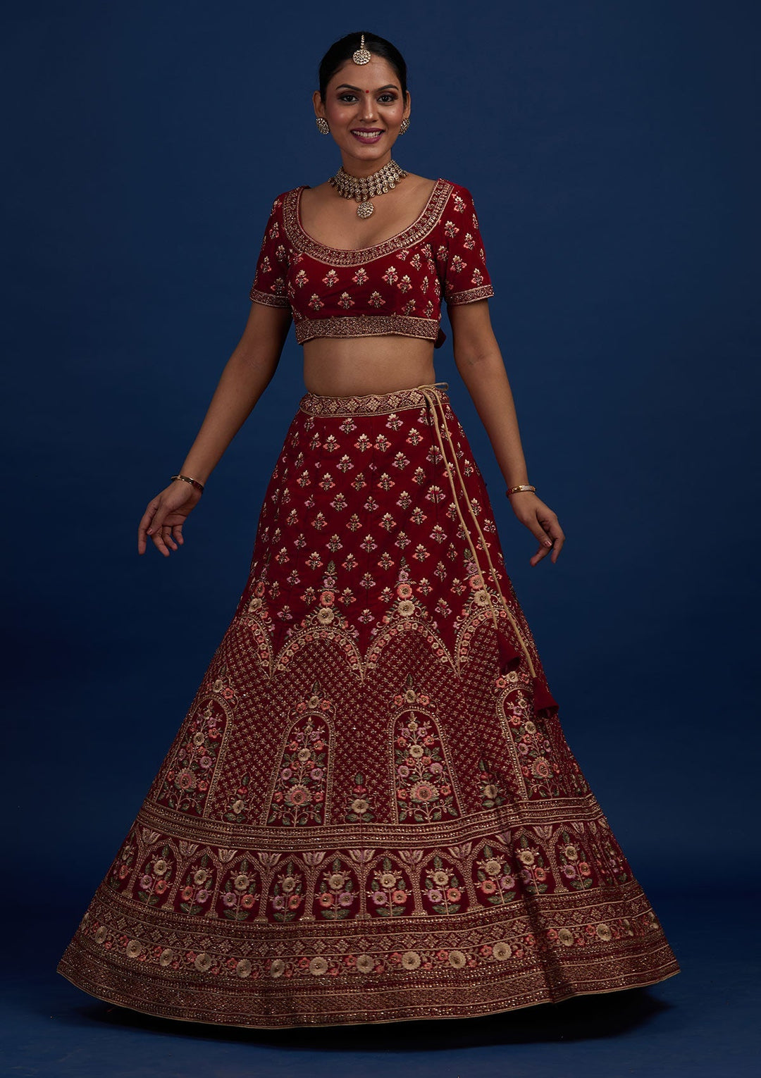 Maroon Stonework Velvet Designer Semi-Stitched Lehenga - Koskii