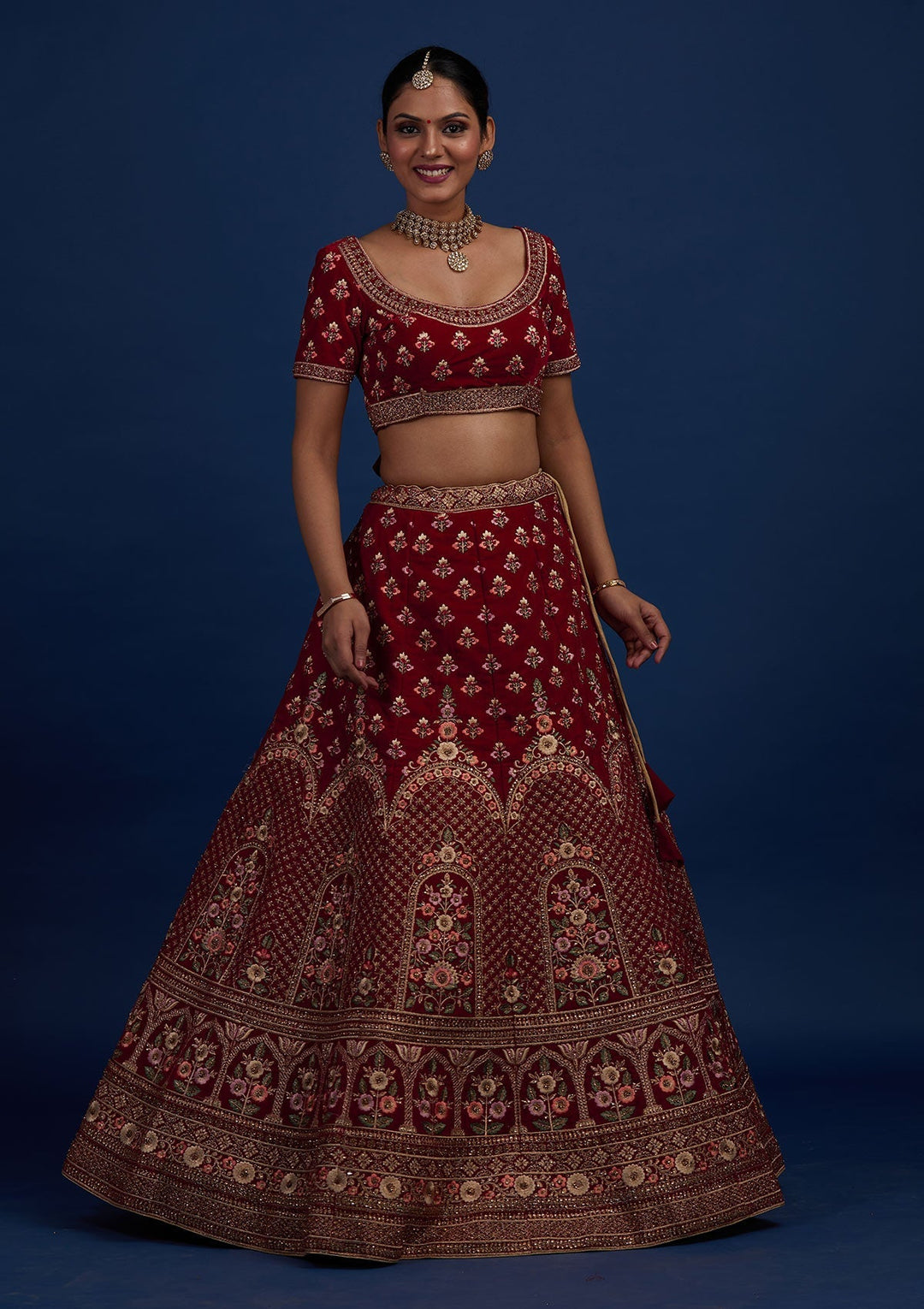Maroon Stonework Velvet Designer Semi-Stitched Lehenga - Koskii