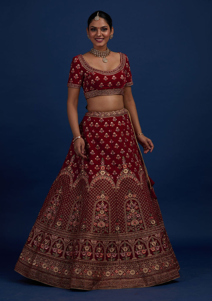 Maroon Stonework Velvet Designer Semi-Stitched Lehenga - Koskii