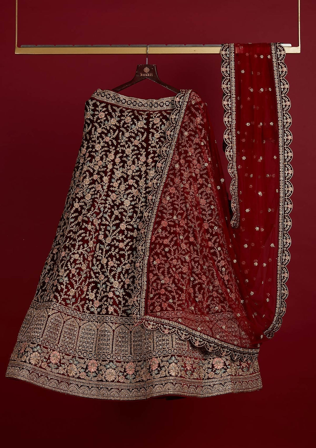 Maroon Stonework Velvet Designer Semi-Stitched Lehenga - Koskii