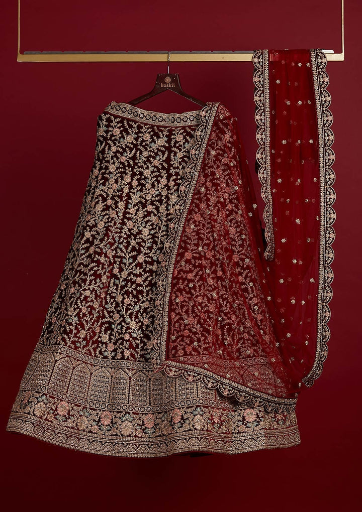 Maroon Stonework Velvet Designer Semi-Stitched Lehenga - Koskii