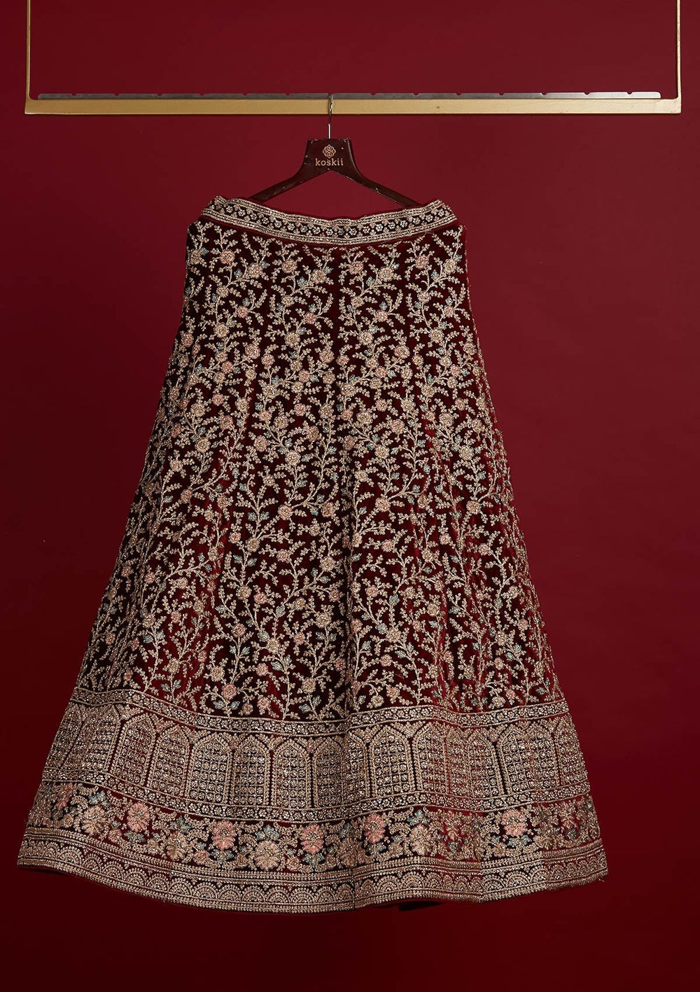 Maroon Stonework Velvet Designer Semi-Stitched Lehenga - Koskii