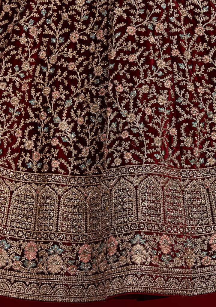 Maroon Stonework Velvet Designer Semi-Stitched Lehenga - Koskii