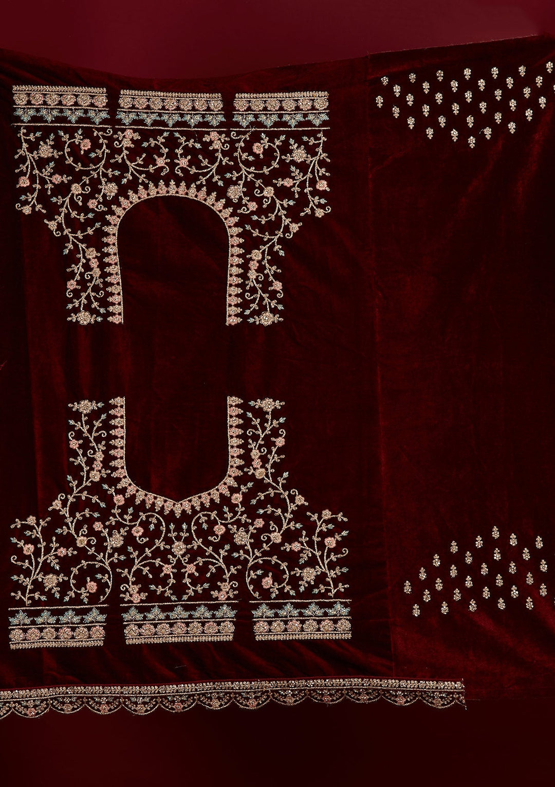 Maroon Stonework Velvet Designer Semi-Stitched Lehenga - Koskii