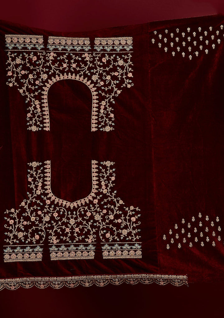 Maroon Stonework Velvet Designer Semi-Stitched Lehenga - Koskii
