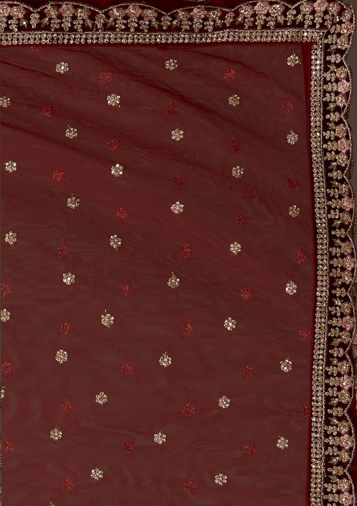 Maroon Stonework Velvet Designer Semi-Stitched Lehenga - Koskii
