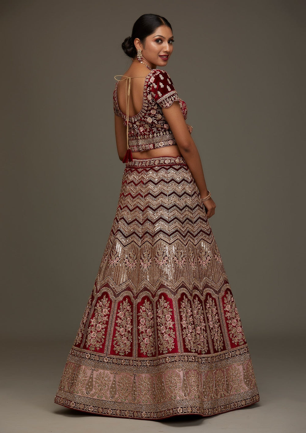 Maroon Stonework Velvet Designer Semi-Stitched Lehenga - Koskii